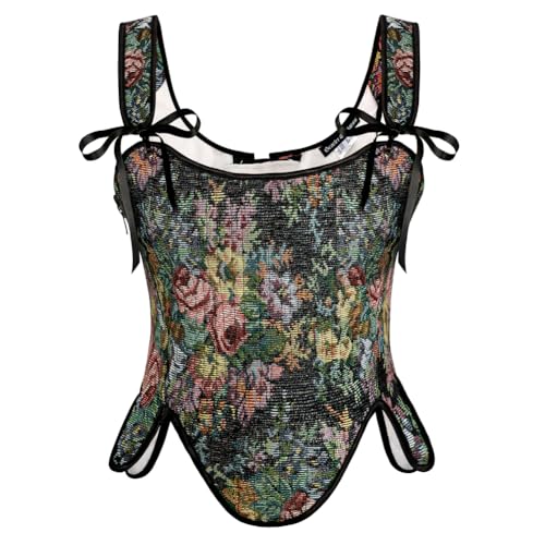 SCARLET DARKNESS Damen Pirat Kostüm Sommer Korsett Bauchweg mit Schnürung Öse Shapewear Schwarze Bunte Blume 38 von SCARLET DARKNESS