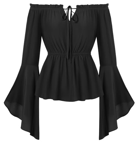 SCARLET DARKNESS Mittelalter Kleidung Damen Renaissance Blusen Cosplay Piraten Kostüm Schwarz Schulterfrei Festliche Oberteile Herbst XL von SCARLET DARKNESS
