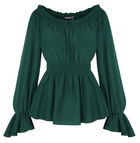 SCARLET DARKNESS Damen Piratenbluse Off Shoulder Tops Langarm mit Rüschen Mittelalter Oberteil Dunkelgrün XL von SCARLET DARKNESS
