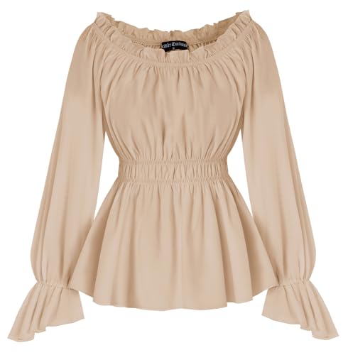 SCARLET DARKNESS Damen Piratenbluse Off Shoulder Tops Langarm mit Rüschen Mittelalter Oberteil Khaki XL von SCARLET DARKNESS