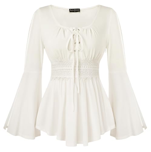 SCARLET DARKNESS Damen Renaissance Bluse Gesmockt mit Spitze U-Ausschnitt Trachtenbluse mit Bändern Weiß M von SCARLET DARKNESS