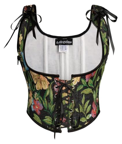 SCARLET DARKNESS Damen Renaissance Corsage Blumendruck Unterbrust Korsett Weste Schwarz Grün Blätter 40 von SCARLET DARKNESS