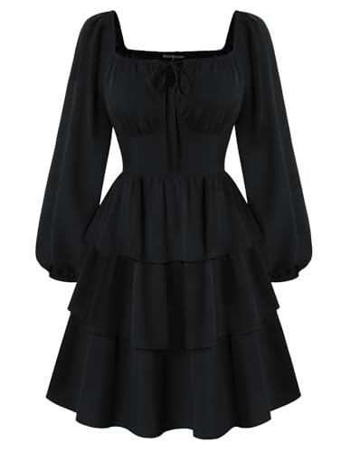 SCARLET DARKNESS Damen Renaissance Corsagenkleid Quadratischer Kragen Gesmokt Trachtenkleid Schwarz L von SCARLET DARKNESS