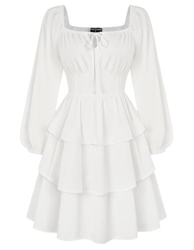 SCARLET DARKNESS Damen Renaissance Corsagenkleid Quadratischer Kragen Gesmokt Trachtenkleid Weiß L von SCARLET DARKNESS