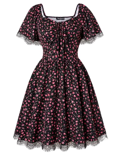 SCARLET DARKNESS Damen Renaissance Corsagenkleid Vintage Knielang mit Spitze Trachtenkleid Schwarz-Rosa Blumen M von SCARLET DARKNESS