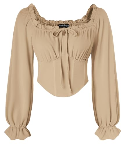 SCARLET DARKNESS Damen Renaissance Corset Tops Gesmokte Taille Lace-up Oberteil mit Rüschen Cosplay Korsett Khaki S von SCARLET DARKNESS