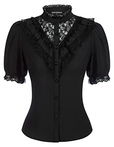 Damen Renaissance Rüschenbluse Kurzarm Laternenhülse Lace-Up Cottagecore Shirt Schwarz L von SCARLET DARKNESS