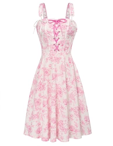 SCARLET DARKNESS Damen Mittelalter Kleid Ärmellos mit Schnürung Hohe Taille Mittelalter Sommerkleid S Peony Blume auf weiß von SCARLET DARKNESS