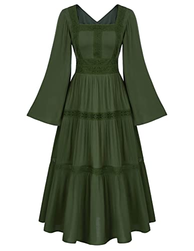 SCARLET DARKNESS Damen Renaissance Kleid Gesmokte Taille Square Neck Rüschen Patchwork Festliche Kleider Armeegrün XL von SCARLET DARKNESS