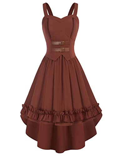 SCARLET DARKNESS Damen Renaissance Kleid High-Low-Saum Mit Rüschen Ärmellos Steampunk Kleider L Rotbraun von SCARLET DARKNESS