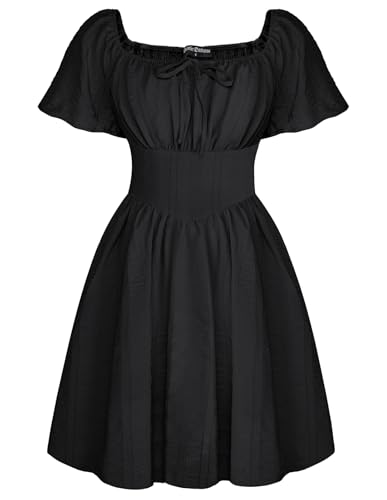 SCARLET DARKNESS Damen Renaissance Kleid Square Neck Kurzarm Bubble Kleid Mittelalter Mini Gothic Kleid Schwarz L von SCARLET DARKNESS