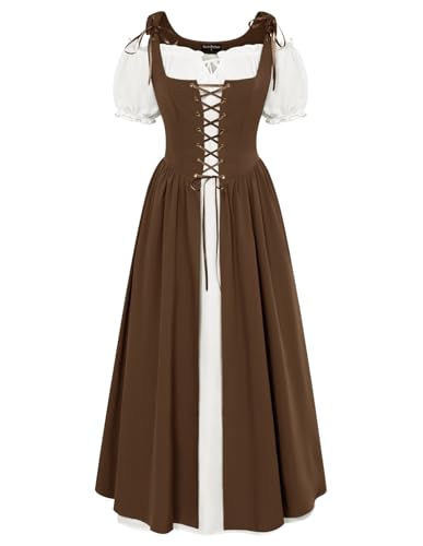 SCARLET DARKNESS Damen Renaissance Maxikleid Korsett Kurz Puffärmel mit Schnürung Flowy Trachtenkleid Dunkelbraun L von SCARLET DARKNESS