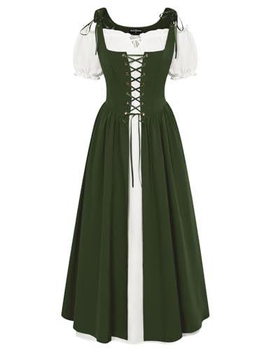 SCARLET DARKNESS Damen Renaissance Maxikleid Korsett Kurz Puffärmel mit Schnürung Flowy Trachtenkleid Olivgrün L von SCARLET DARKNESS