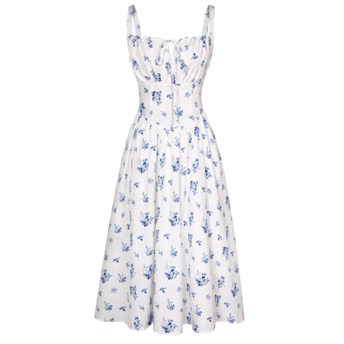 Damen Freizeit Maxikleid Elegant mit Schnürung Gesmokt Sommerkleid Blau-Weiß Blumen XL von SCARLET DARKNESS