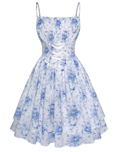 SCARLET DARKNESS Damen Rockabilly Blumenkleid Hohe Taille mit Tasche Milkmaid Kleid Weiß Blau Blumen M von SCARLET DARKNESS