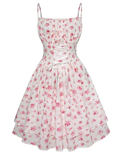 SCARLET DARKNESS Damen Rockabilly Blumenkleid Hohe Taille mit Tasche Milkmaid Kleid Rosa Blumen M von SCARLET DARKNESS