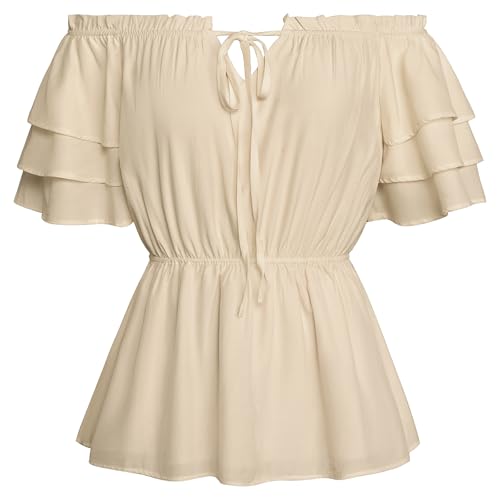 SCARLET DARKNESS Damen Renaissance Trachtenbluse Retro Schulterfrei Rüschenärmel Bluse Khaki M von SCARLET DARKNESS