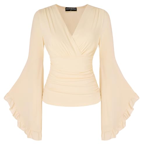 SCARLET DARKNESS Damen Renaissance Trachtenbluse Vintage V Ausschnitt Plissee Oberteile Aprikose L von SCARLET DARKNESS
