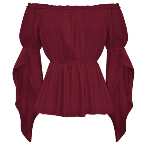 Damen Renaissance Trachtenbluse Schulterfrei Lotus Ärmel mit Schlitz Peasant Shirt Rotwein S von SCARLET DARKNESS