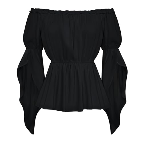Damen Renaissance Trachtenbluse Schulterfrei Lotus Ärmel mit Schlitz Peasant Shirt Schwarz S von SCARLET DARKNESS