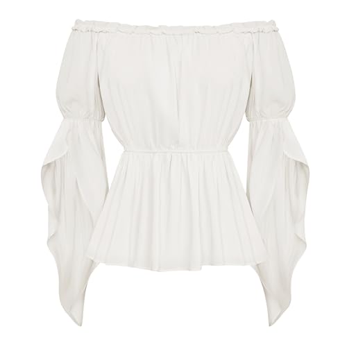Damen Renaissance Trachtenbluse Schulterfrei Lotus Ärmel mit Schlitz Peasant Shirt Weiß S von SCARLET DARKNESS