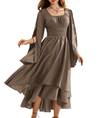 SCARLET DARKNESS Damen Renaissance Trachtenkleid Elegant Korsett Rundhals Fairycore Folklore Kleid Braun L von SCARLET DARKNESS