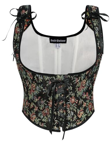 SCARLET DARKNESS Damen Renaissance Unterbrust Korsett Lace-up vorne Vintage Bustier Schwarz Bunte Blumen 42 von SCARLET DARKNESS