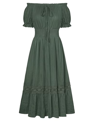 SCARLET DARKNESS Damen Retro Kleid Off Shoulder Gesmokte Taille Kurzarm Lace Sommer Baumwollkleid Olivgrün L von SCARLET DARKNESS