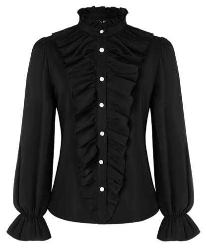 SCARLET DARKNESS Damen Schwarz Renaissance Bluse Stehkragen Steampunk Top Sommer Chiffon Langram Rüschenbluse XXL von SCARLET DARKNESS