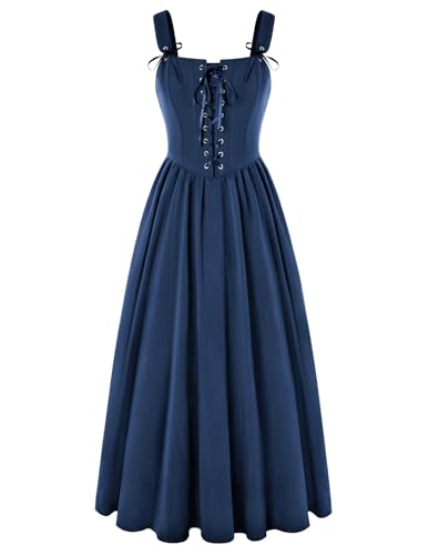 SCARLET DARKNESS Damen Sommerkleid Lang Dunkelblau Retro Renaissance Korsett Lace-up Steampunk Kleider Piraten Kostüm Große Größen XXL von SCARLET DARKNESS