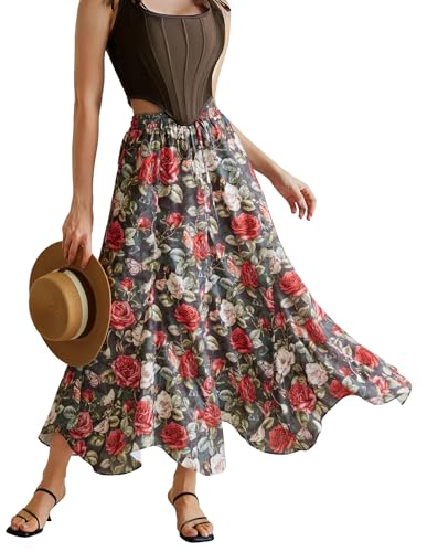 SCARLET DARKNESS Damen Sommerrock Mittelalter Elastische Taille Lang Leicht Freizeitrock Rosendruck XL von SCARLET DARKNESS