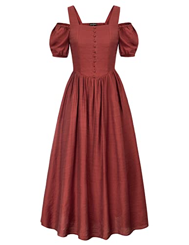 SCARLET DARKNESS Damen Steampunk Abendkleid Einfarbig mit Tasche High Waist Kostüm Kleid Ziegelrot S von SCARLET DARKNESS
