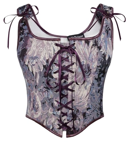 SCARLET DARKNESS Damen Steampunk Cosplay Kostüm Halloween Karneval Corsage Schnüren Brust Lila Blumen 44 von SCARLET DARKNESS