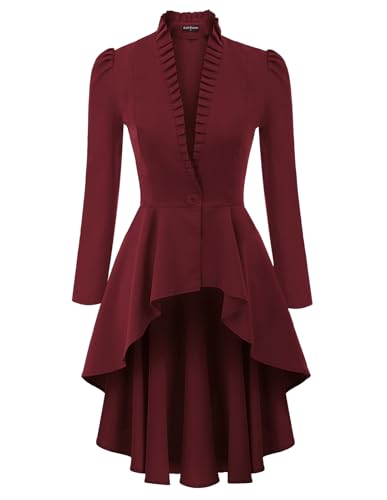 SCARLET DARKNESS Damen Steampunk Gothic High Low A-linie Coat Retro Puff Langarm Party Festlich Mäntel Jacke Rotwein XXL von SCARLET DARKNESS