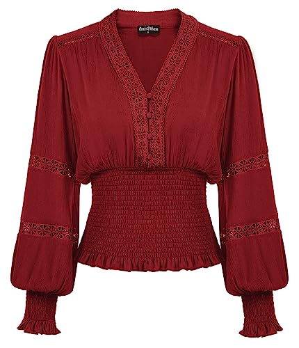 SCARLET DARKNESS Damen Steampunk Piratenbluse Corset Gesmokt Taille Laternenhülse Rüschenbluse Weihnachten Rot XL von SCARLET DARKNESS