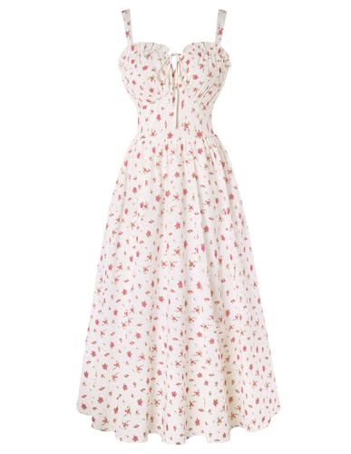 SCARLET DARKNESS Damen Strandkleid Gesmokt Boho Chiffonkleid Ärmellos Midikleid Leichte Sommerkleid Viktorianisches Kleid Weiß-Rosa XL von SCARLET DARKNESS