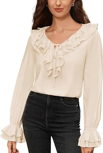 SCARLET DARKNESS Damen Trachtenbluse V-Neck mit Rüschen Oberteil Lang Puffärmel Aprikose Tops Wikinger Kleidung M von SCARLET DARKNESS