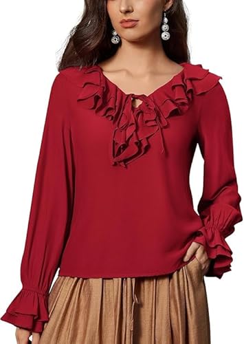 SCARLET DARKNESS Damen Trachtenbluse V-Neck mit Rüschen Oberteil Lang Puffärmel Weinrot Tops Wikinger Kleidung M von SCARLET DARKNESS