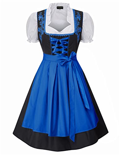 SCARLET DARKNESS Damen Trachtenkleid 3tlg Damen Dirndl Kleid für Oktoberfest 3tlg Kleid, Bluse, Schürze 2XL Schwarz und Königsblau#2116 von SCARLET DARKNESS