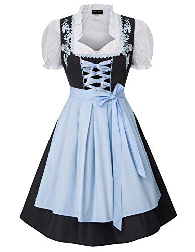 SCARLET DARKNESS Damen Trachtenkleid 3tlg Kleid Bluse Schürze Damen Knielang Dirndl Kleid für Oktoberfest Trachtenkleid L Schwarz und Hellblau von SCARLET DARKNESS