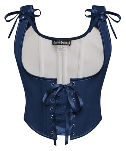 SCARLET DARKNESS Damen Unterbrust Corset Top Lace-up Cosplay Bustier U-Ausschnitt Renaissance Corsage Dunkelblau 44 von SCARLET DARKNESS