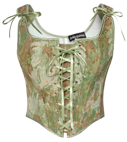 SCARLET DARKNESS Damen Vampir Kostüm Oberteile Mittealter Lace-Up Quadratischer Hals Tank Top Gelb Grün Blumen 36 von SCARLET DARKNESS