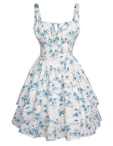 SCARLET DARKNESS Damen Viktorianische Blumenkleid Elegant Ärmellos Mini Elfenkleid Weiß-Blau Blumen L von SCARLET DARKNESS