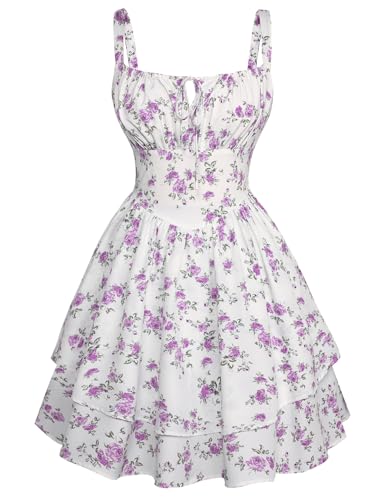 SCARLET DARKNESS Damen Viktorianische Blumenkleid Elegant Ärmellos Mini Elfenkleid Weiß-Lila Blumen L von SCARLET DARKNESS