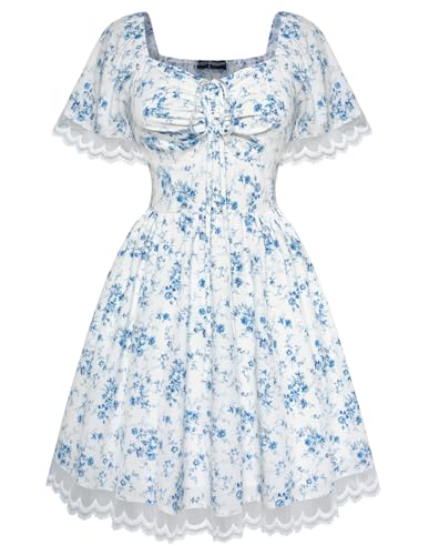 SCARLET DARKNESS Damen Viktorianische Blumenkleid Elegant Quadratischer Kragen Country Kleid Weiß-Blau Blumen L SCARLET DARKNESS Damen Viktorianische Blumenkleid Elegant Quadratischer Kragen Country Kleid Weiß-Blau Blumen L von SCARLET DARKNESS
