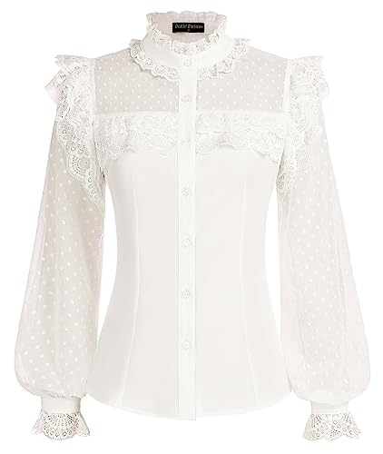 SCARLET DARKNESS Damen Viktorianische Bluse Langarm Mesh Patchwork Tunika Elegant Spitzen Trachtenbluse Weiß L von SCARLET DARKNESS