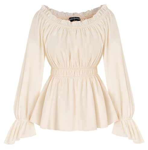 SCARLET DARKNESS Damen Viktorianische Bluse Langarm Rüschenbluse Elastische Taille Mittelalter Bluse Aprikose L von SCARLET DARKNESS
