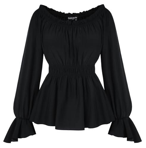 Damen Viktorianische Bluse Langarm Rüschenbluse Elastische Taille Mittelalter Bluse Schwarz L von SCARLET DARKNESS