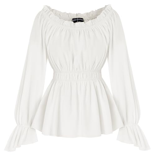 SCARLET DARKNESS Damen Viktorianische Bluse Langarm Rüschenbluse Elastische Taille Mittelalter Bluse Weiß L von SCARLET DARKNESS