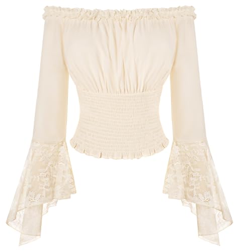 SCARLET DARKNESS Damen Viktorianische Bluse Schulterfrei Langarm mit Spitze Gesmokte Taille Renaissance Tops Aprikose XXL von SCARLET DARKNESS